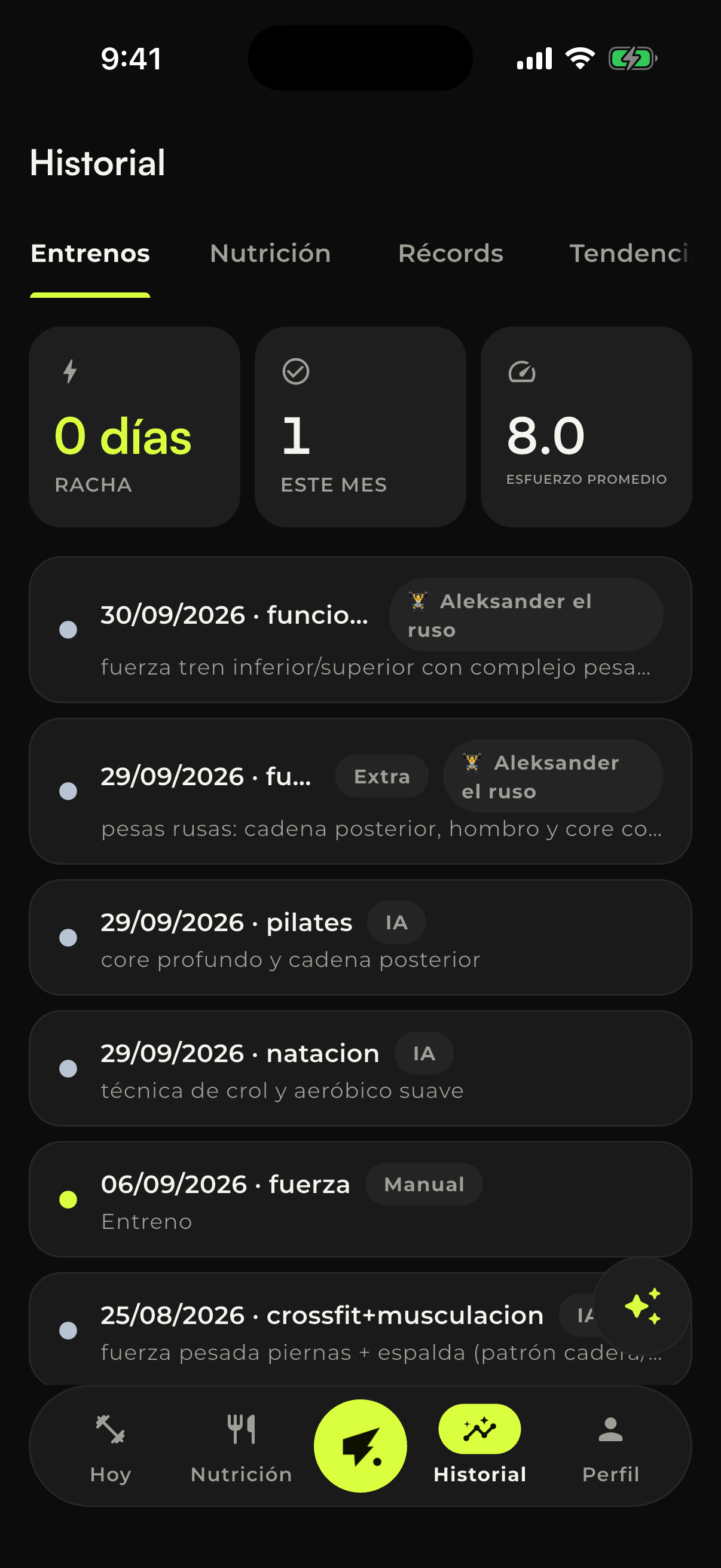 Historial y tarjeta para compartir