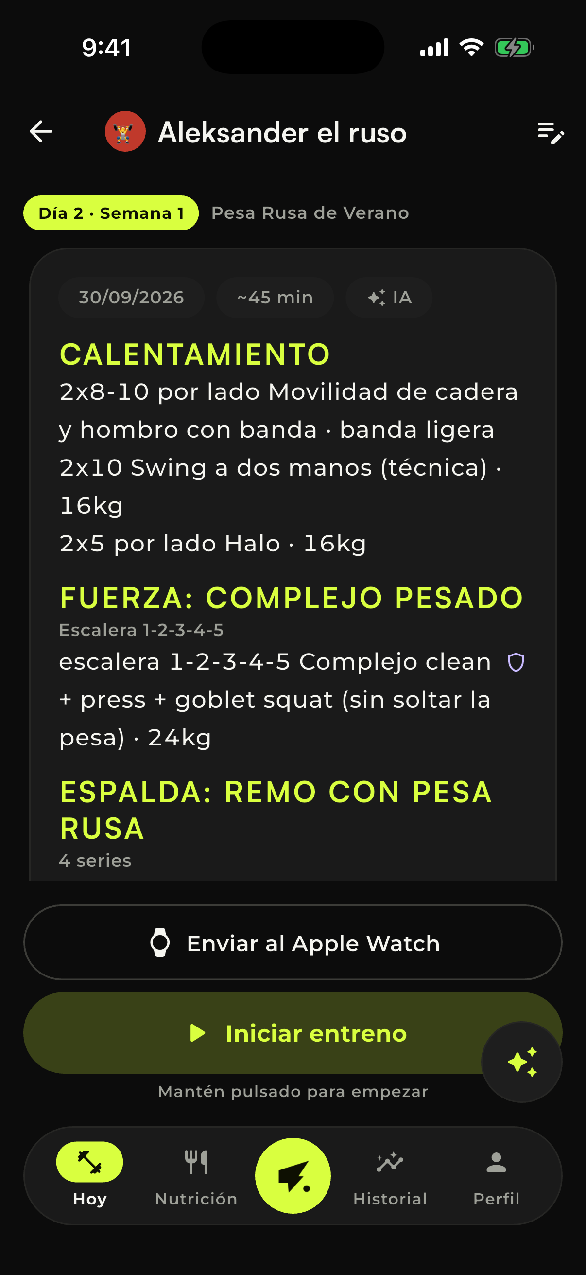 Pantalla Hoy con el entreno del día